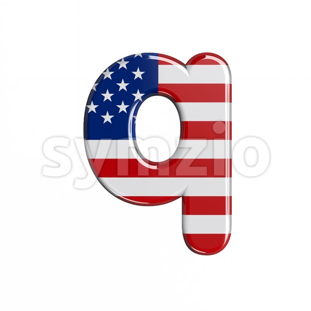 3d Lower-case font Q covered in USA  flag texture