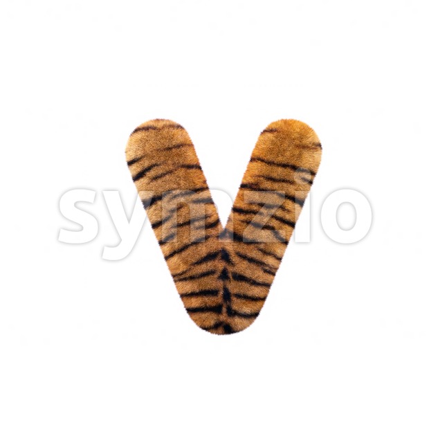 Lowercase tiger fur font V - Small 3d letter Stock Photo