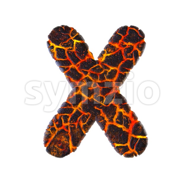 3d Upper-case character X covered in magma texture